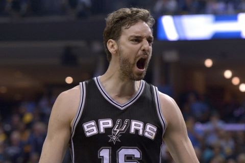 San Antonio Spurs center Pau Gasol (16) reacts during the second half of Game 4 in an NBA basketball first-round playoff series against the Memphis Grizzlies Saturday, April 22, 2017, in Memphis, Tenn. (AP Photo/Brandon Dill)