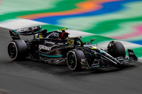 Mercedes driver Lewis Hamilton of Britain steers his car during the Saudi Arabia Formula One Grand Prix at the Jeddah corniche circuit in Jeddah, Saudi Arabia, Sunday, March 19, 2023. (AP Photo/Hassan Ammar)
