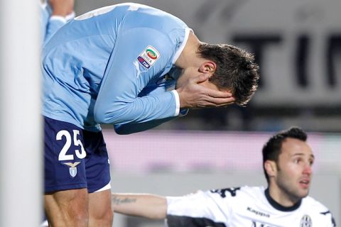 Lazio's Miroslav Klose of Germany reacts after failing to score during their serie A football match at Artemio Franchi stadium in Siena on January 7, 2012. AFP PHOTO / FABIO MUZZI (Photo credit should read FABIO MUZZI/AFP/Getty Images)