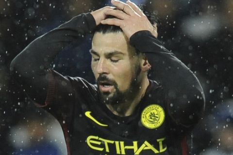 Manchester City's Nolito reacts during the English Premier League soccer match between Leicester City and Manchester City at the King Power Stadium in Leicester, England, Saturday, Dec. 10, 2016. (AP Photo/Rui Vieira)