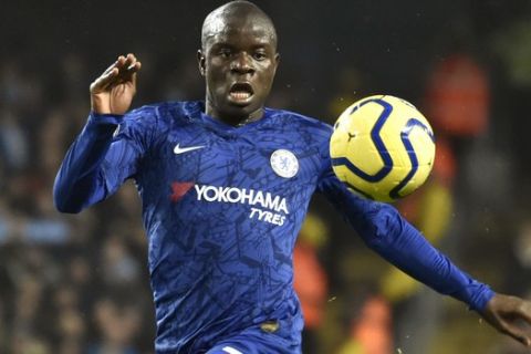 Chelsea's N'Golo Kante during the English Premier League soccer match between Manchester City and Chelsea at Etihad stadium in Manchester, England, Saturday, Nov. 23, 2019. (AP Photo/Rui Vieira)