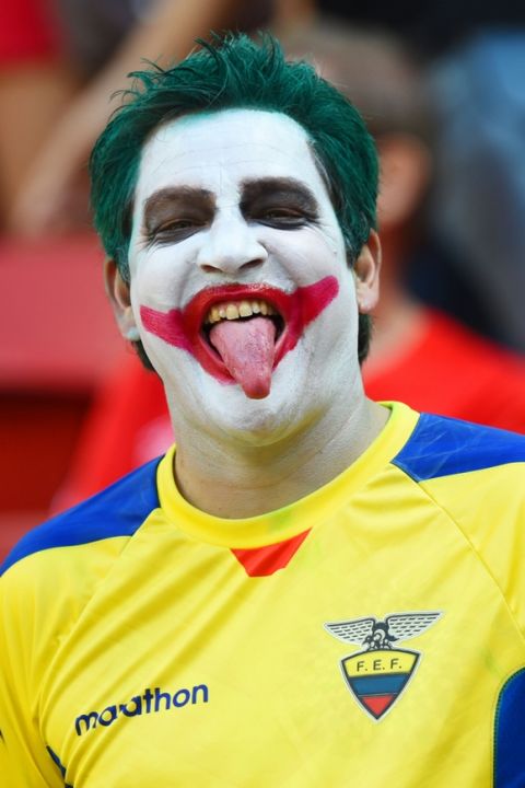 BRASILIA, BRAZIL - JUNE 15: An Ecuador fan cheers during the 2014 FIFA World Cup Brazil Group E match between Switzerland and Ecuador at Estadio Nacional on June 15, 2014 in Brasilia, Brazil.  (Photo by Stu Forster/Getty Images)