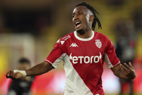 Monaco's Gelson Martins reacts during the French League One soccer match between Monaco and Lille at the Stade Louis II in Monaco, Friday, Nov. 19, 2021. (AP Photo/Daniel Cole)