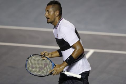 Australia's Nick Kyrgios celebrates a point in his Mexican Tennis Open final match against Germany's Alexander Zverev, in Acapulco, Mexico, Saturday, March 2, 2019. (AP Photo/Rebecca Blackwell)