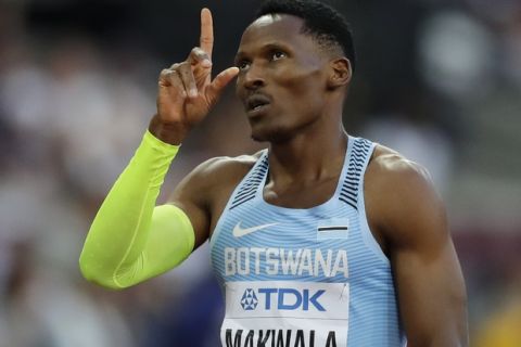 Botswana's Isaac Makwala gestures after competing in a Men's 400 meters semifinal during the World Athletics Championships in London Sunday, Aug. 6, 2017. (AP Photo/Tim Ireland)