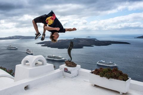 Pavel Petkuns of Latvia exploring the island of Santorini ahead of the Red Bull Art of Motion freerunning competition in Santorini, Greece on September 30, 2015.