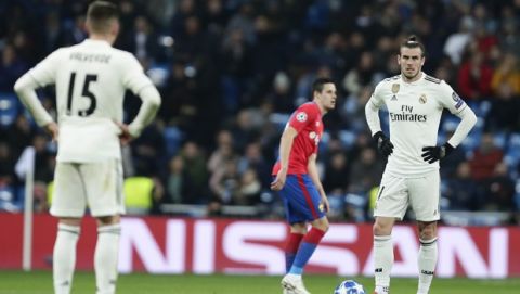Real midfielder Gareth Bale stands after CSKA midfielder Arnor Sigurdsson scored his side third goal during the Champions League, Group G soccer match between Real Madrid and CSKA Moscow, at the Santiago Bernabeu stadium, in Madrid, Spain, Wednesday Dec. 12, 2018. (AP Photo/Manu Fernandez)