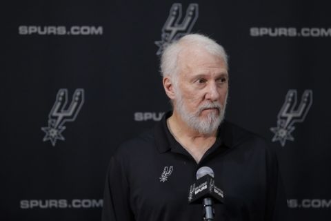 San Antonio Spurs head coach Gregg Popovich takes part in media day at the team's facility, Monday, Sept. 25, 2017, in San Antonio. (AP Photo/Eric Gay)