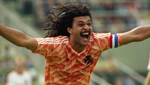 Dutch soccer captain Ruud Gullit screams in joy after he had scored the first goal for his team in the European Soccer Championships final in Munich, West Germany on June 25, 1988. The Netherlands went on to beat the Soviet Union 2-0 to win the championship. (AP Photo)
