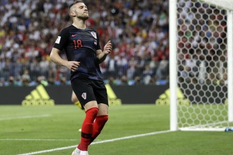 Croatia's Ante Rebic reacts disappointed after missing to score during the semifinal match between Croatia and England at the 2018 soccer World Cup in the Luzhniki Stadium in Moscow, Russia, Wednesday, July 11, 2018. (AP Photo/Matthias Schrader)