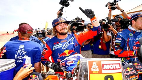 PRICE Toby (aus); KTM; KTM Factory Team; Moto; portrait arrivee finish line during the Dakar 2019; Stage 10; Pisco - Lima; peru; on january 17 - Photo Frederic Le Floc'h / DPPI