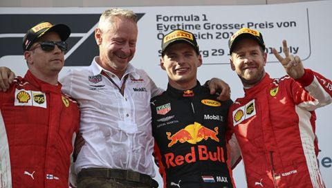SPIELBERG,AUSTRIA,01.JUL.18 - MOTORSPORTS - Grand Prix of Austria, Red Bull Ring. Image shows Kimi Raikkoenen (FIN/ Ferrari), Max Verstappen (NED/ Aston Martin Red Bull Racing) and Sebastian Vettel (GER/ Ferrari). Photo: GEPA pictures/ Andreas Pranter // GEPA pictures/Red Bull Content Pool // AP-1W54QW6VH2111 // Usage for editorial use only // Please go to www.redbullcontentpool.com for further information. // 