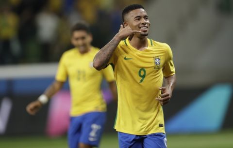 Brazil's Gabriel Jesus celebrates after scoring against Chile, during a World Cup qualifying soccer match in Sao Paulo, Brazil, Tuesday, Oct. 10, 2017. (AP Photo/Andre Penner)