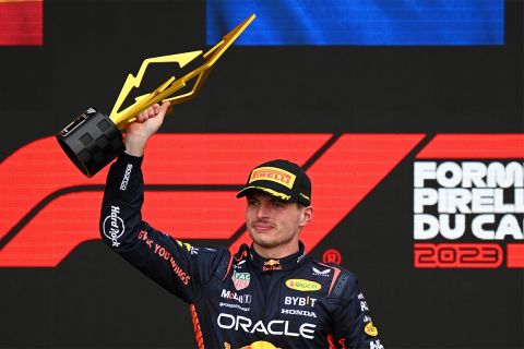 MONTREAL, QUEBEC - JUNE 18: Race winner Max Verstappen of the Netherlands and Oracle Red Bull Racing celebrates on the podium during the F1 Grand Prix of Canada at Circuit Gilles Villeneuve on June 18, 2023 in Montreal, Quebec. (Photo by Clive Mason/Getty Images)