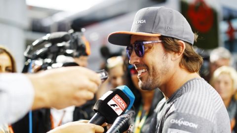 Spa Francorchamps, Belgium. 
Thursday 24 August 2017.
Fernando Alonso, McLaren, speaks to the media.
Photo: Steven Tee/McLaren
ref: Digital Image _O3I9843