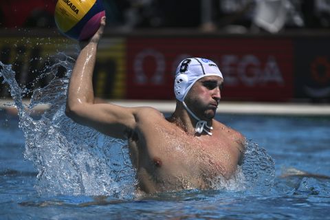 Stylianos Kanakakis of Greece in action during the Men's water polo quarterfinal match between Greece and United States at the 19th FINA World Championships in Budapest, Hungary, Wednesday, June 29, 2022. (AP Photo/Anna Szilagyi)