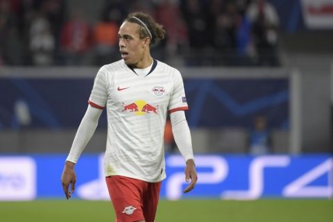 Leipzig's Yussuf Poulsen during the Champions League group G first round soccer match between RB Leipzig and Olympique Lyon in Leipzig, Germany, Wednesday, Oct. 2, 2019. (AP Photo/Jens Meyer)