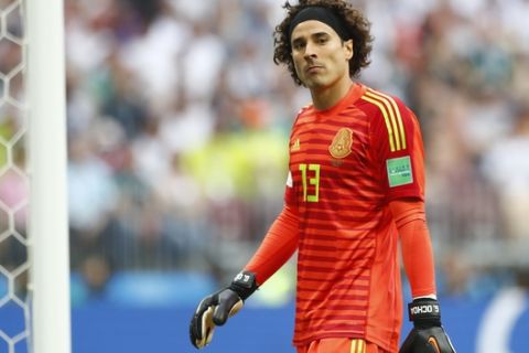 Mexico goalkeeper Guillermo Ochoa gets to the goal after the halftime break during the group F match between Germany and Mexico at the 2018 soccer World Cup in the Luzhniki Stadium in Moscow, Russia, Sunday, June 17, 2018. (AP Photo/Matthias Schrader)