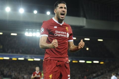Liverpool's Emre Can celebrates after scoring his side's second goal during the Champions League Group E soccer match between Liverpool and Maribor at Anfield, Liverpool, England, Wednesday Nov. 1, 2017. (AP Photo/Rui Vieira)
