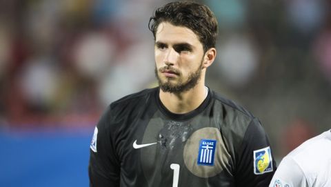Greece's goalkeeper Stefanos Kapino before the Under-20 World Cup Group D soccer match between Mali and Greece in Gaziantep, Turkey, Tuesday, June 25, 2013. (AP Photo/Gero Breloer)