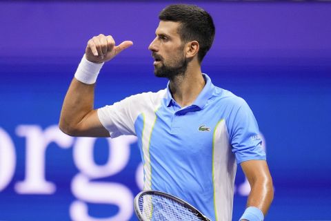 Novak Djokovic, of Serbia, reacts to the crowd after defeating Ben Shelton, of the United States, during the men's singles semifinals of the U.S. Open tennis championships, Friday, Sept. 8, 2023, in New York. (AP Photo/Manu Fernandez)
