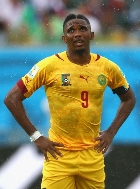 NATAL, BRAZIL - JUNE 13:  Samuel Eto'o of Cameroon looks on during the 2014 FIFA World Cup Brazil Group A match between Mexico and Cameroon at Estadio das Dunas on June 13, 2014 in Natal, Brazil.  (Photo by Julian Finney/Getty Images)