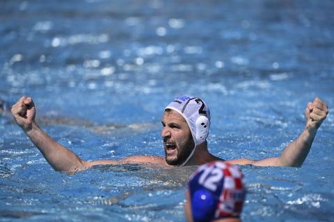 Konstantinos Genidounias of Greece reacts during the Men's water polo bronze medal match between Greece and Croatia at the 19th FINA World Championships in Budapest, Hungary, Sunday, July 3, 2022. (AP Photo/Anna Szilagyi)