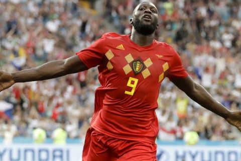 Belgium's Romelu Lukaku celebrates after he scored his side's third goal during the group G match between Belgium and Panama at the 2018 soccer World Cup in the Fisht Stadium in Sochi, Russia, Monday, June 18, 2018. (AP Photo/Matthias Schrader)