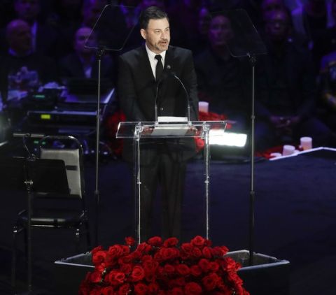 Jimmy Kimmel speaks during a celebration of life for Kobe Bryant and his daughter Gianna Monday, Feb. 24, 2020, in Los Angeles. (AP Photo/Marcio Jose Sanchez)