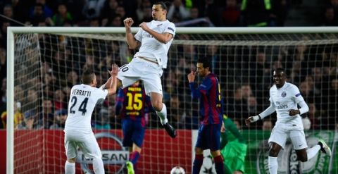BARCELONA, SPAIN - DECEMBER 10:  Zlatan Ibraimovic of Paris Saint-Germain FC celebrates after scoring the opening goal during the UEFA Champions League group F match between FC Barcelona and Paris Saint-Germanin FC at Camp Nou Stadium on December 10, 2014 in Barcelona, Spain.  (Photo by David Ramos/Getty Images)
