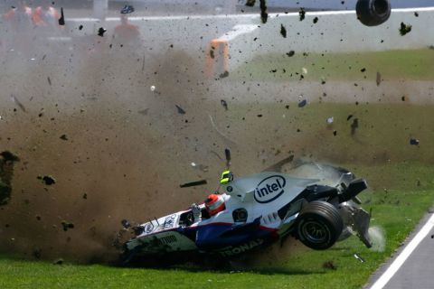 MONTREAL, QC - JUNE 10:  Robert Kubica of Poland and BMW-Sauber crashes during the Canadian Formula One Grand Prix at the Circuit Gilles Villeneuve on June 10, 2007 in Montreal, Canada.  (Photo by Paul Gilham/Getty Images)