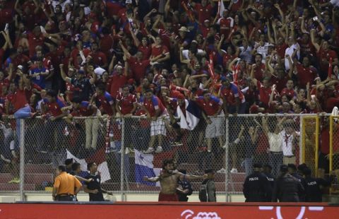Panama's Roman Torres, below, celebrates his goal against Costa Rica at a 2018 Russia World Cup qualifying soccer match in Panama City, Tuesday, Oct. 10, 2017. (AP Photo/Arnulfo Franco)