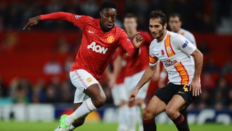 MANCHESTER, ENGLAND - SEPTEMBER 19:  Danny Welbeck of Manchester United takes on Hamit Altintop of Galatasaray during the UEFA Champions League Group H match between Manchester United and Galatasaray at Old Trafford on September 19, 2012 in Manchester, England.  (Photo by Michael Regan/Getty Images)