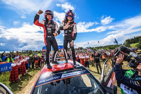 Kalle Rovanperä (FIN) and Jonne Halttunen (FIN) celebrate their victory at World Rally Championship Estonia on 23 July 2023 // @World / Red Bull Content Pool // SI202307230358 // Usage for editorial use only // 