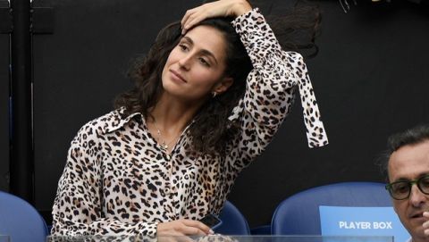 Girlfriend of Spain's Rafael Nadal Xisca Perello waits in the players box ahead of his men's singles final at the Australian Open tennis championships in Melbourne, Australia, Sunday, Jan. 27, 2019. (AP Photo/Andy Brownbill)