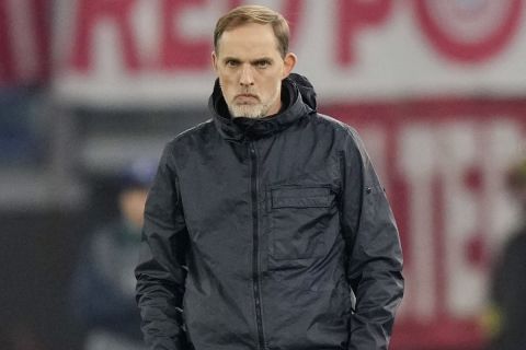Bayern's head coach Thomas Tuchel watches during a Champions League round of 16 first leg soccer match between Lazio and Bayern Munich, at Rome's Olympic Stadium, Wednesday, Feb. 14, 2024. (AP Photo/Andrew Medichini)