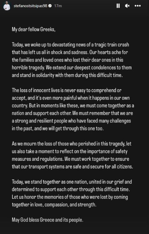Το μήνυμα του Στέφανου Τσιτσιπά για την τραγωδία στα Τέμπη