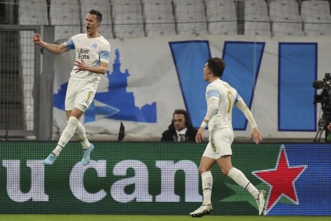 Ο Αρκάντιους Μίλικ της Μαρσέιγ πανηγυρίζει γκολ που σημείωσε κόντρα στην Γκαραμπάχ για τα μπαράζ της φάσης των 16 του Europa Conference League 2021-2022 στο "Βελοντρόμ", Μασσαλία | Πέμπτη 17 Φεβρουαρίου 2022