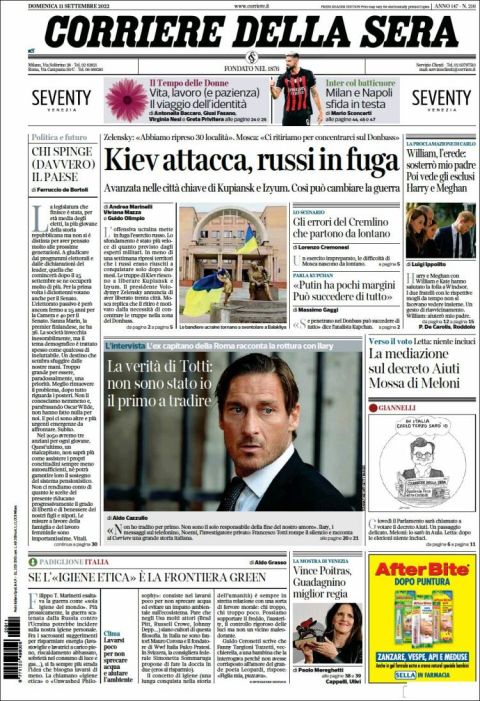 Το πρωτοσέλιδο της Corriere della Sera (11/09/2022)