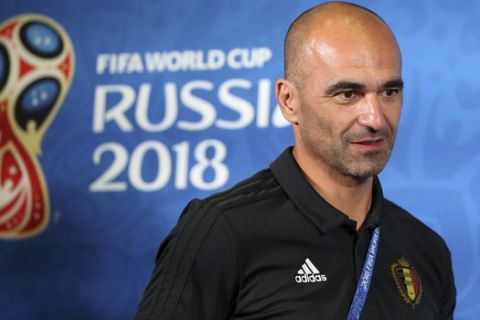 Belgium coach Roberto Martinez arrives for the official press conference at the eve of their quarterfinal match against Brazil at the 2018 soccer World Cup in Kazan, Russia, Thursday, July 5, 2018. (AP Photo/Thanassis Stavrakis)