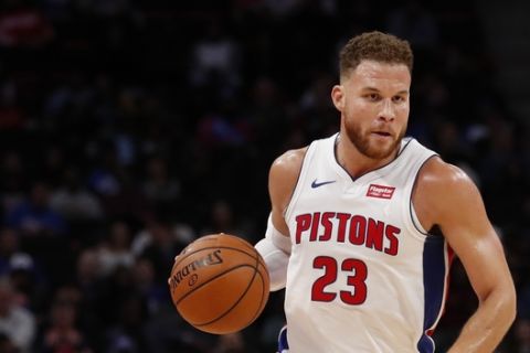 Detroit Pistons forward Blake Griffin brings the ball up court during the first half of an NBA basketball game against the Philadelphia 76ers, Tuesday, Oct. 23, 2018, in Detroit. (AP Photo/Carlos Osorio)