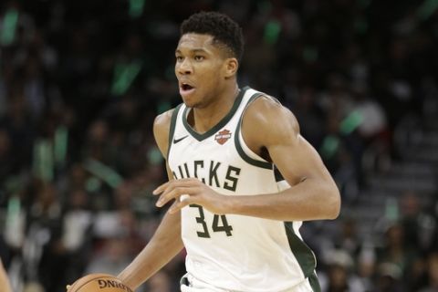 Milwaukee Bucks forward Giannis Antetokounmpo during an NBA basketball game against the Indiana Pacers Friday, Oct. 19, 2018, in Milwaukee. Milwaukee won 118-101. (AP Photo/Mike Roemer)