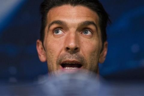 Juventus goalkeeper Gianluigi Buffon speaks during a press conference at the Santiago Bernabeu Stadium in Madrid, Spain, Tuesday, May 12, 2015. Juventus will play against Real Madrid in a second leg semifinal Champions League soccer match on Wednesday. (ANSA/AP Photo/Andres Kudacki)