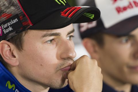 RIO HONDO, ARGENTINA - MARCH 31:  Jorge Lorenzo of Spain and Movistar Yamaha MotoGP looks on during the press conference pre-event during the MotoGp of Argentina - Previews at Termas De Rio Hondo Circuit on March 31, 2016 in Rio Hondo, Argentina.  (Photo by Mirco Lazzari gp/Getty Images)