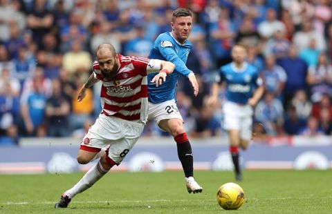 GLASGOW, SCOTLAND - AUGUST 06: Michael O'Halloran of Rangers and  Georgeous Sarris of Hamilton Academical during the Ladbrokes Scottish Premiership match between Rangers and Hamilton Academical at Ibrox Stadium on August 6, 2016 in Glasgow, Scotland. (Photo by Lynne Cameron/Getty Images)