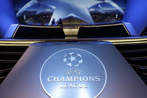 Logo of the UEFA Champions League is dislayed during the UEFA Champions League draw at the Grimaldi Forum, in Monaco, Thursday, Aug. 25, 2016. (AP Photo/Claude Paris)