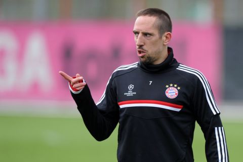 Bayern Munich's French midfielder Franck Ribery gestures during a training session on the eve of the UEFA Champions League first-leg semi-final football match Bayern Munich vs Real Madrid in the southern German city of Munich on April 16, 2012.  AFP PHOTO / CHRISTOF STACHE (Photo credit should read CHRISTOF STACHE/AFP/Getty Images)