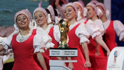 A Russian ballet performs during the 2018 soccer World Cup draw in the Kremlin in Moscow, Friday, Dec. 1, 2017. (AP Photo/Dmitri Lovetsky)