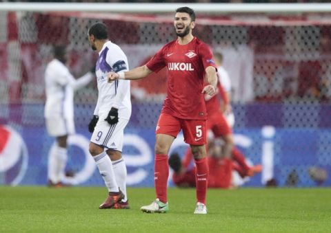 Spartak's Serdar Tasci reacts after missing a scoring chance during the Champions League Group E soccer match between Spartak Moscow and Maribor in Moscow, Russia, Tuesday, Nov. 21, 2017. (AP Photo/Ivan Sekretarev)
