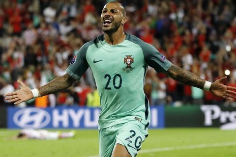 Portugal's Ricardo Quaresma celebrates after scoring during the Euro 2016 round of 16 soccer match between Croatia and Portugal at the Bollaert stadium in Lens, France, Saturday, June 25, 2016. (AP Photo/Frank Augstein)
